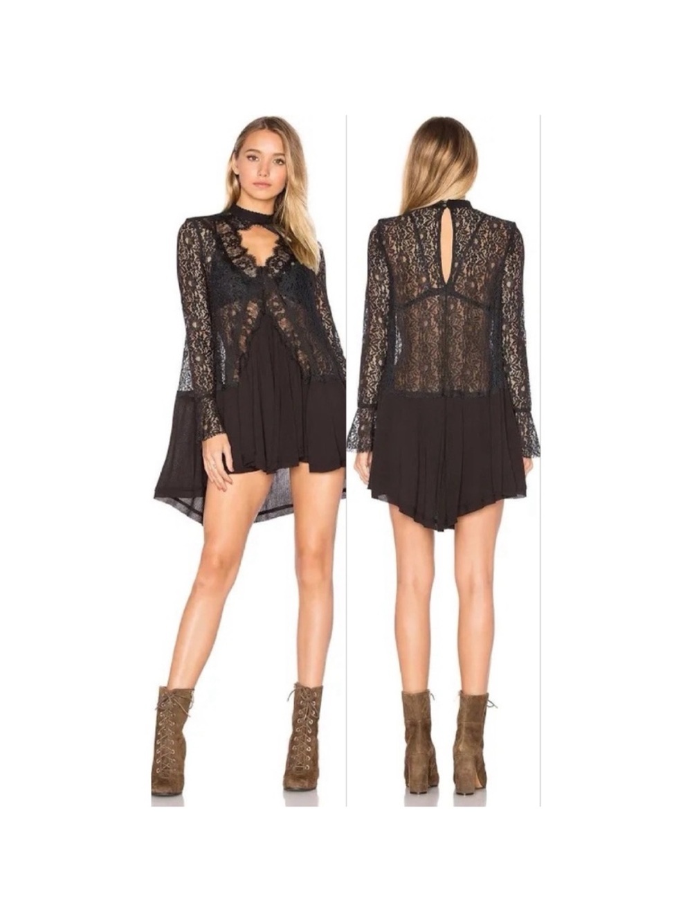 Free People Black Lace Tell Tale Long Sleeve Gauze Bell Sleeve Tunic Dress M
